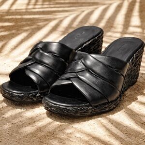 Vince Minimalist Black Woven High Vamp Wedge Sandals Size 9.5 Quiet Luxury Chic